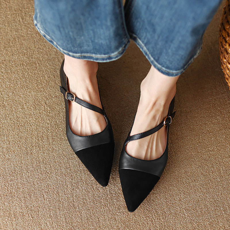 4 Color Women's Flats Mary Janes Shoes Pointed Toe Low Heels Dress Shoes Diagonal Buckle Leather Shoes New Zapatos Mujer 1312N
