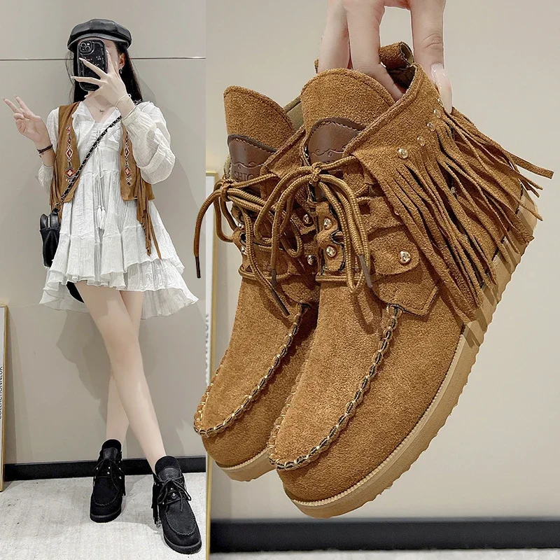Vintage Tassel Lace-up Ankle for Women Autumn Winter Pointed Toe Cowgirl Woman Suede Western Cowboy Boots 222f