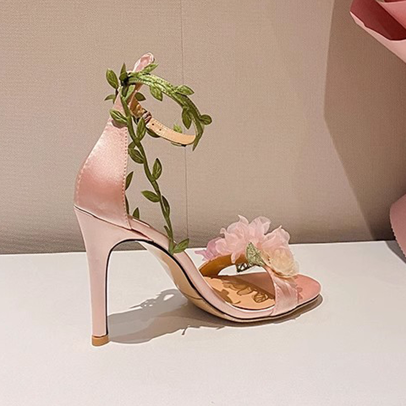 Organza Pink Flower with Leafs Sandals Thin High Heels Peep Toe Summer Rural Floral Beauty Bridal Sandalias Wedding Dress Shoes