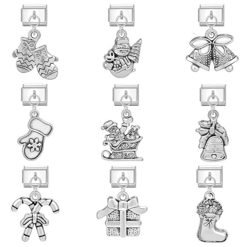 New Women's Gift Christmas Bell Socks snowflake Pendant Italian Charms Links Bangle Beads Fit 9mm Stainless Steel Bracelet Making DIY For Women F