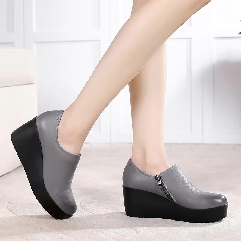 Genuine Leather Women Shoes Thick Soled Spring Autumn High-heeled Single Shoes Women New Platform Casual Slope Heel Shoes - view 4