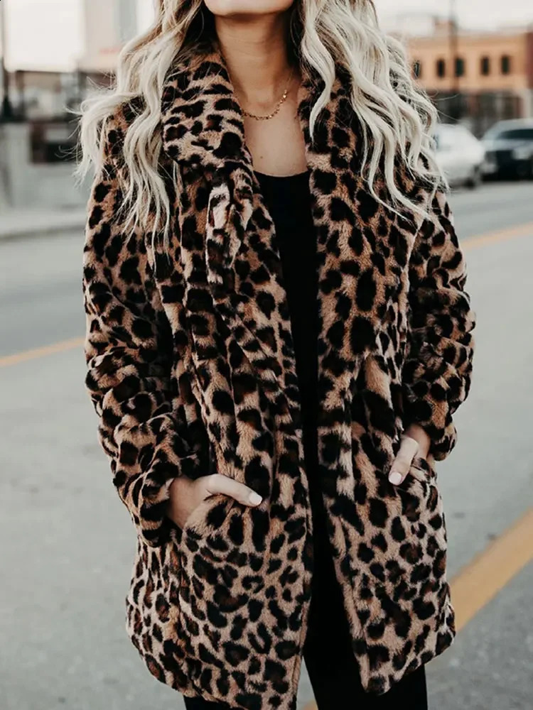 Autumn Leopard Faux Fur Coat Women Long Winter Coat Woman Warm Ladies Fur Jacket Female Plush Teddy Coat Outwear 240911