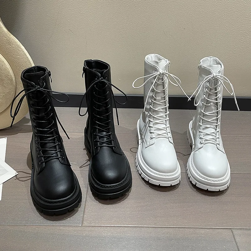 Dropshipping Women Mid Calf Boots Autumn Winter Boots Woman Fashion Lace-up Ladies Chelsea Zipper Platform Heel Ladies Shoes2023