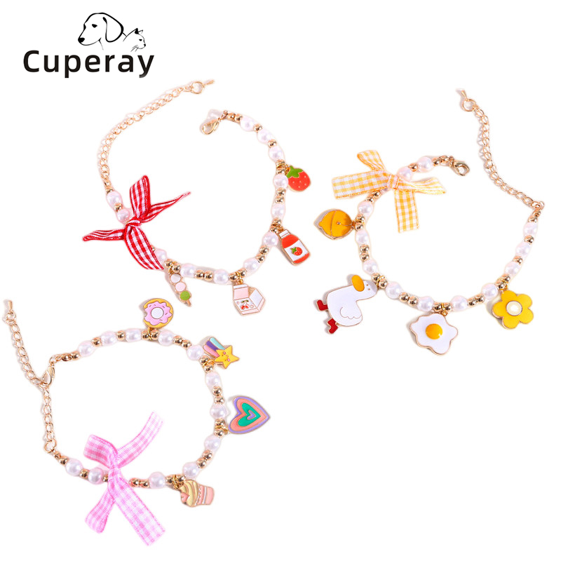 Cute Cat Dog Rabbit Birthday Collar Adjustable Necklace， Collar with Pearl Bow Duck Ice Cream Pendant Accessories Pet Supplies