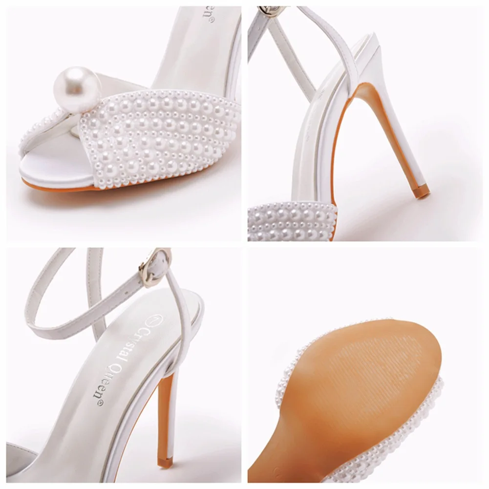 Women Sandals Fashion High Heels Quality Wedding Shoes Pearls Studs Luxury Peep Toe Buckle Strap Stiletto