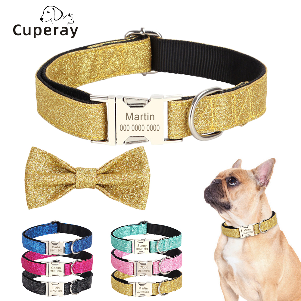 Adjustable Sparkling Dog Collar Personalized Nylon Pet Collar, with Removable Bow Decoration Free Engraving ID Name Tag Collar