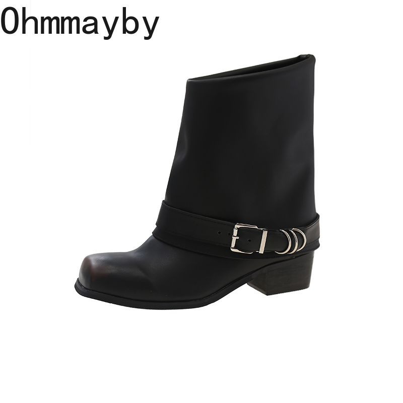 Designer Women Western Cowgirl Boots Fashion Square Toe Belt Buckle Shoes Autumn Winter Thick Heel Ladies Knight Short Booties