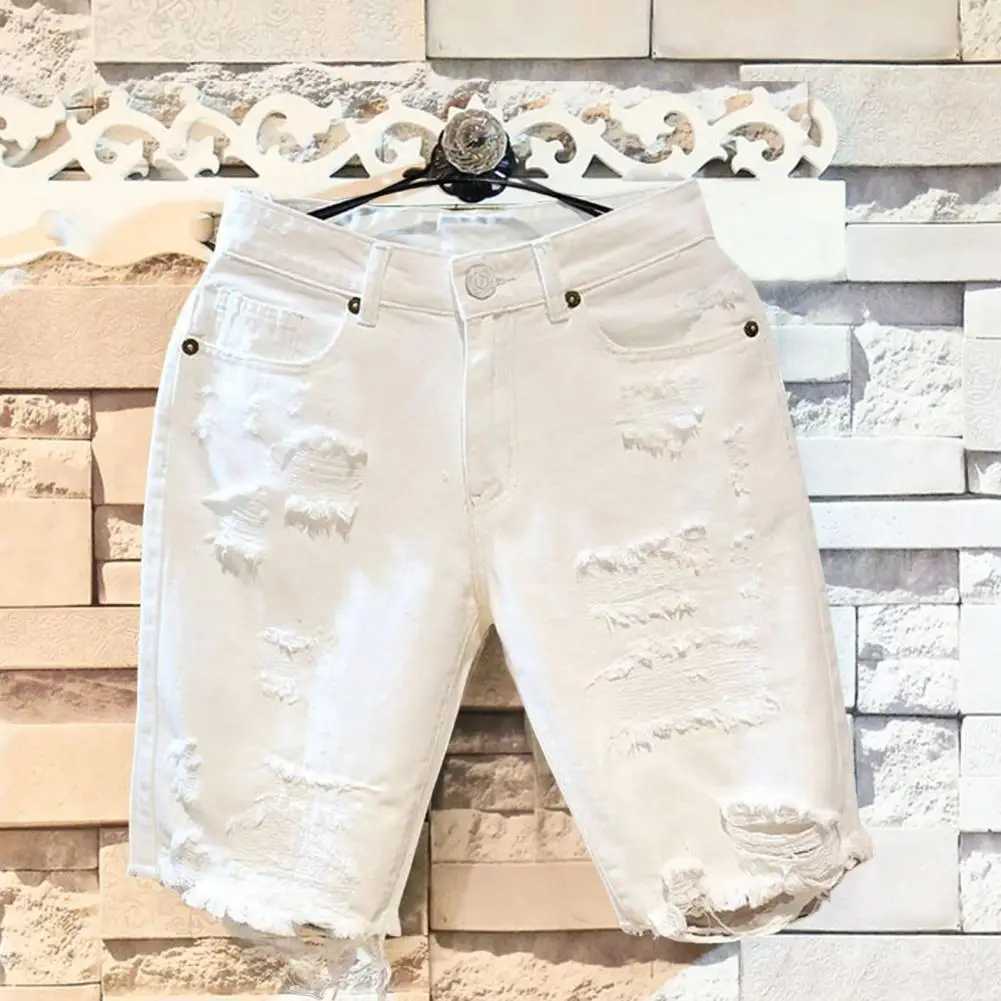 White Jeans Shorts Men All-match Fashion Ripped Hole Slim Stretch Shorts Streetwear Hip Hop Denim Shorts for men X240914