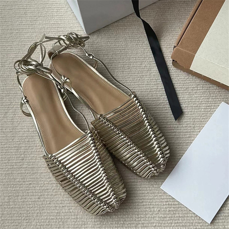 Strappy Hollow Shoes Sandals for Women Silver Golden Sheepskin Leather Roman Sandals Frmale Summer Flat Bottomed Woven Sandals