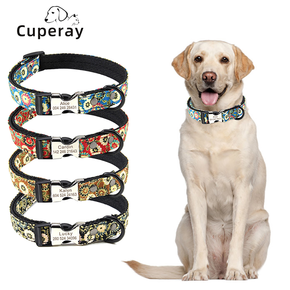 Personalized Dog Collar with Adjustable Custom Engraved Name Tag Floral Dog Collar with Metal Buckle for Large,Medium Dogs Puppy