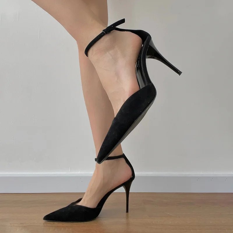 2024 Sexy Pointed Toe Ladies Pumps Thin High Heels Ankle Buckle Women Pumps Wedding Runway Sandals Woman Shoes Black Heels Women