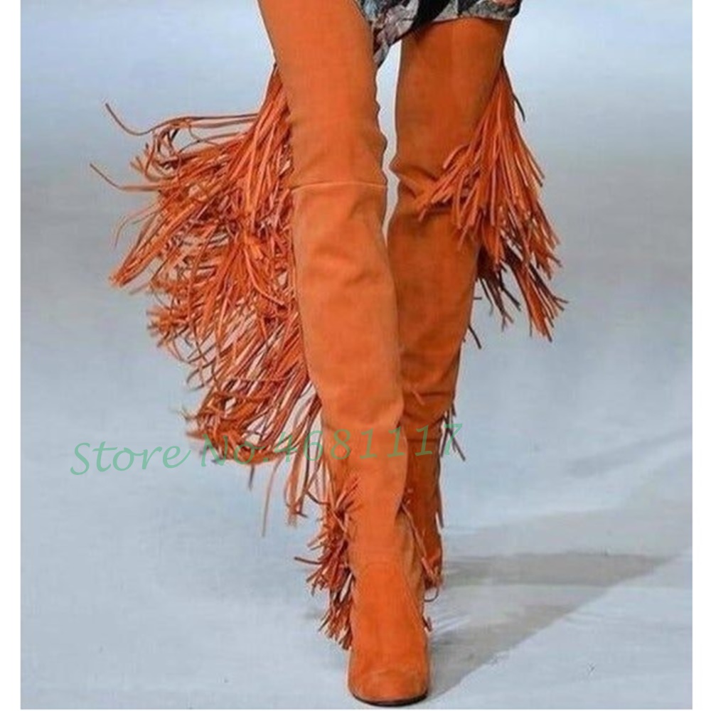 Fringes Stretch Thigh High Boots Women High Block Heels Trending Orange Suede Boots Slip On Autumn Women Round Toe Fashion Shoes