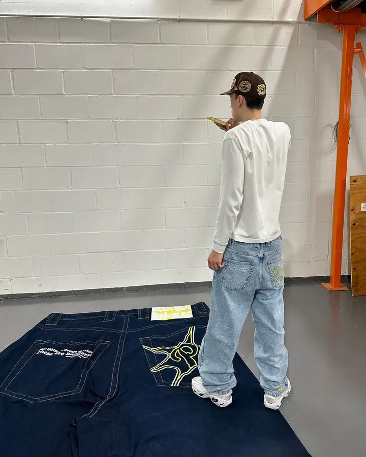 PROTECT Jeans Y2K Pants Mens Womens Harajuku Hip Hop Gothic Letter Embroidery Retro Blue Baggy Jeans Wide Leg Trousers 240911