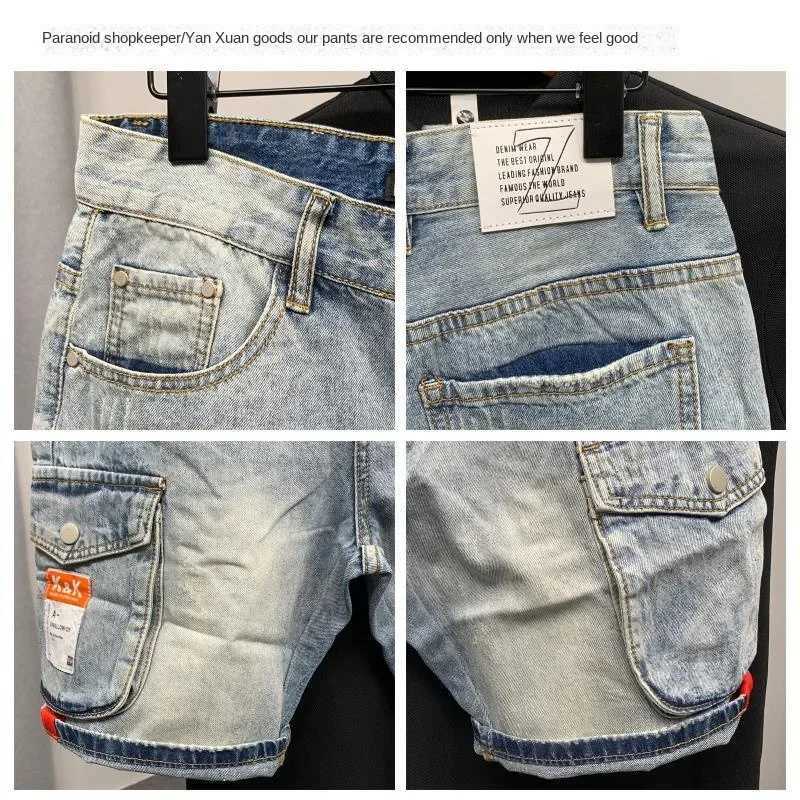 Summer 2023 New Luxury Mens Shorts Korean Style Streetwear Short Jeans with Designer Large Pockets Cargo Casual Denim ShortsX240914