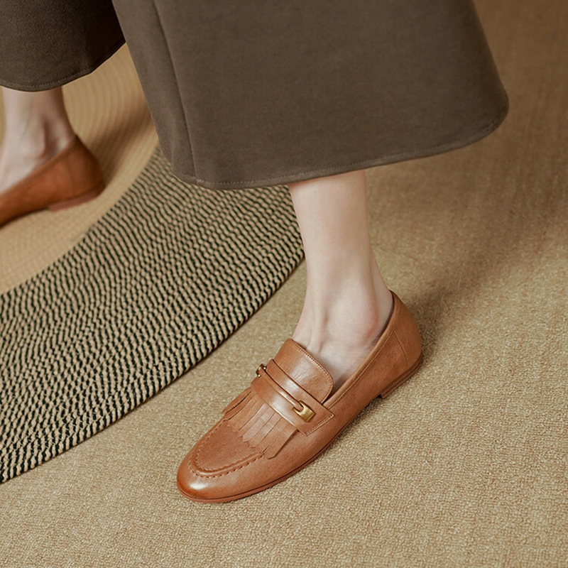 2023 Spring Women Loafers Genuine Leather Shoes for Women Round Toe Chunky Heel Shoes Tassel Low Heel Women Pumps Female Shoes