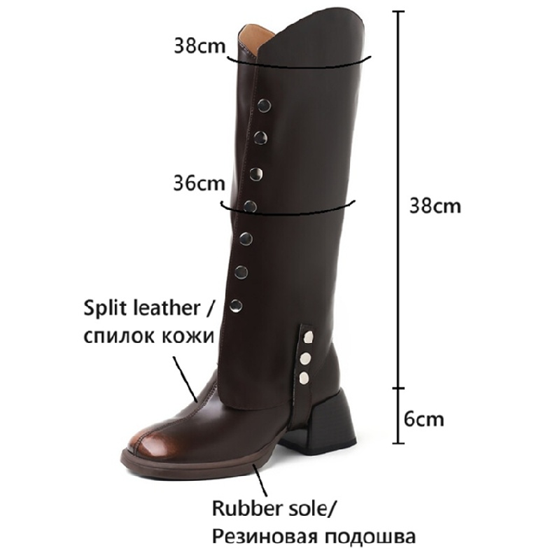 Autumn NEW Split Leather Shoes for Women Round Toe Chunky Heel Designer Knee-high Zipper Metal Button Boots 7f03