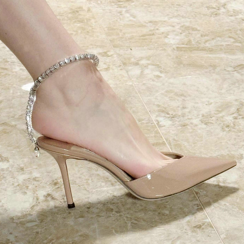 2024 Summer Rhinestone Chain High Heels Women'S Stiletto Pointy Black High Heels One-Line Sandals