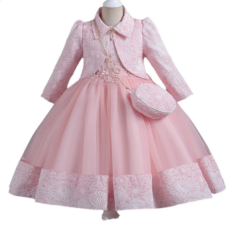 Girl Dress Fluffy Yarn Princess Dress Three Piece Set High end Long Sleeve Birthday Wedding Dress 240913