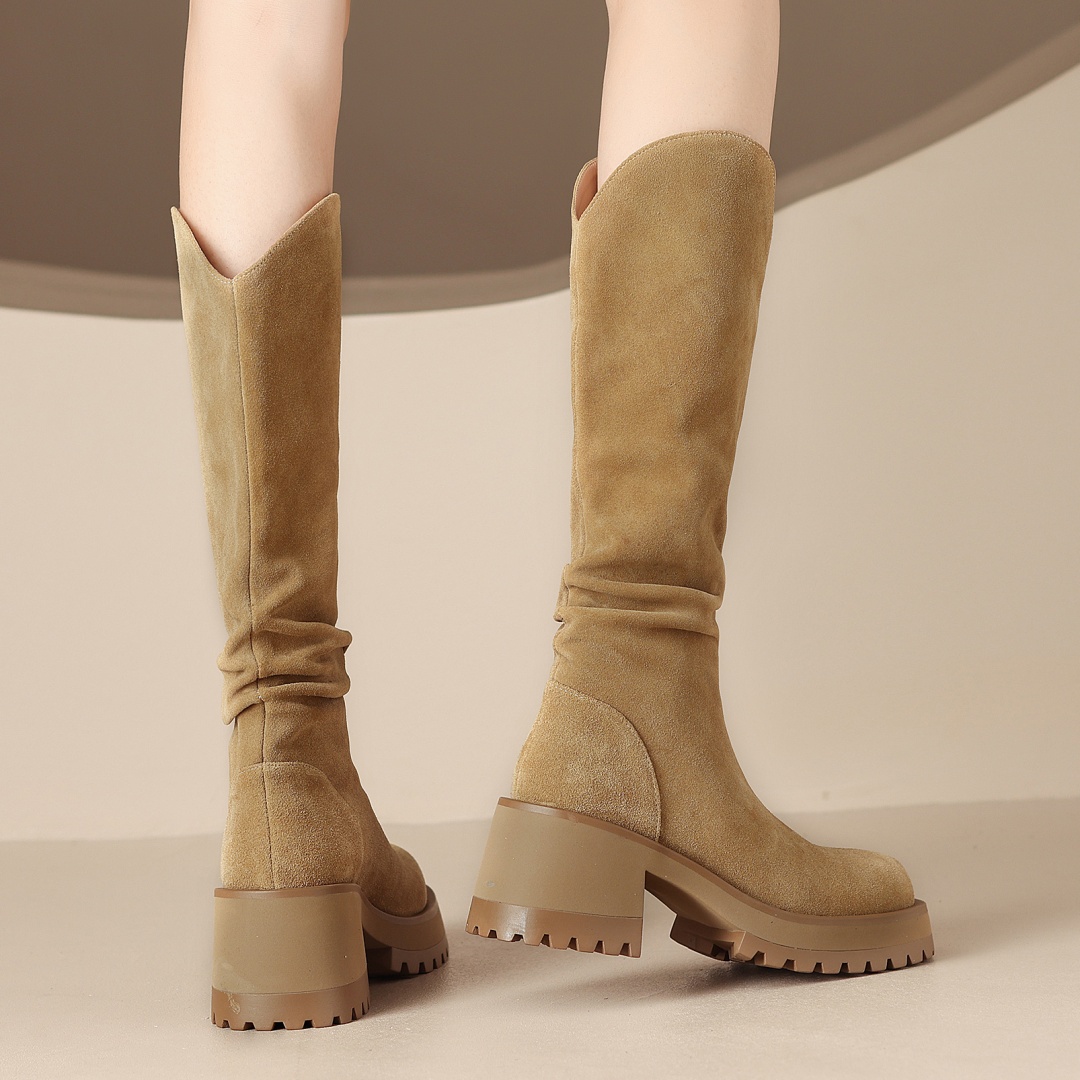 natural Women's suede Easter chunky heel platform pleated slip-on autumn knee knight high quality long boots shoes 80d0