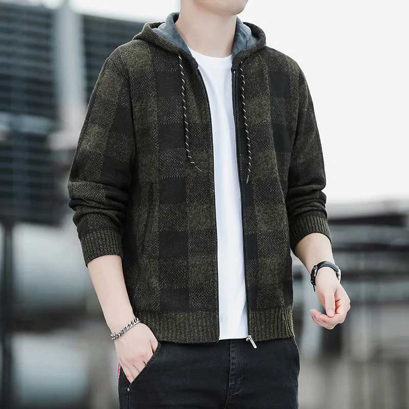 Autumn New Mens Plaid Knitted Sweater Hooded Cardigan Warm Coat Trendy Zipper Jacket Fleece Blouse Winter Mens CardiganXJ240907