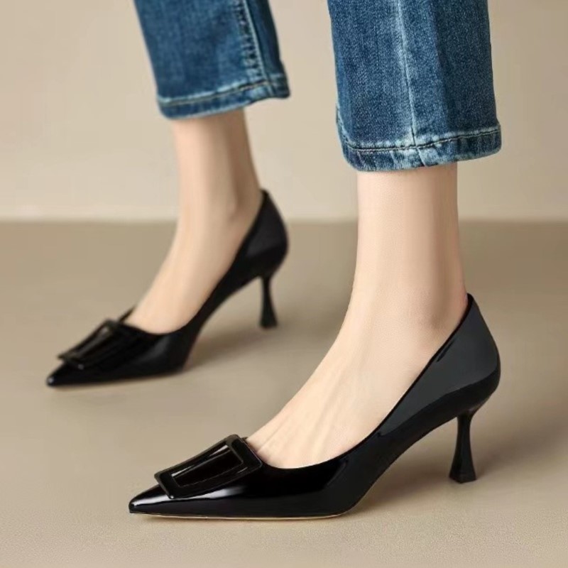 New Women's Pumps Pointed Toe Boat Shoes Square Button Pump Slip on Designer Shoes High Heels Patent Leather Dress Shoes 1528N