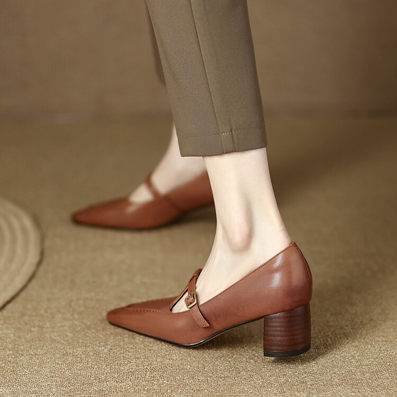 NEW Spring/Summer Women's Pumps Genuine Leather High Heels Pointed Toe Chunky Heel Shoes for Women Solid Mary Janes Party Shoes
