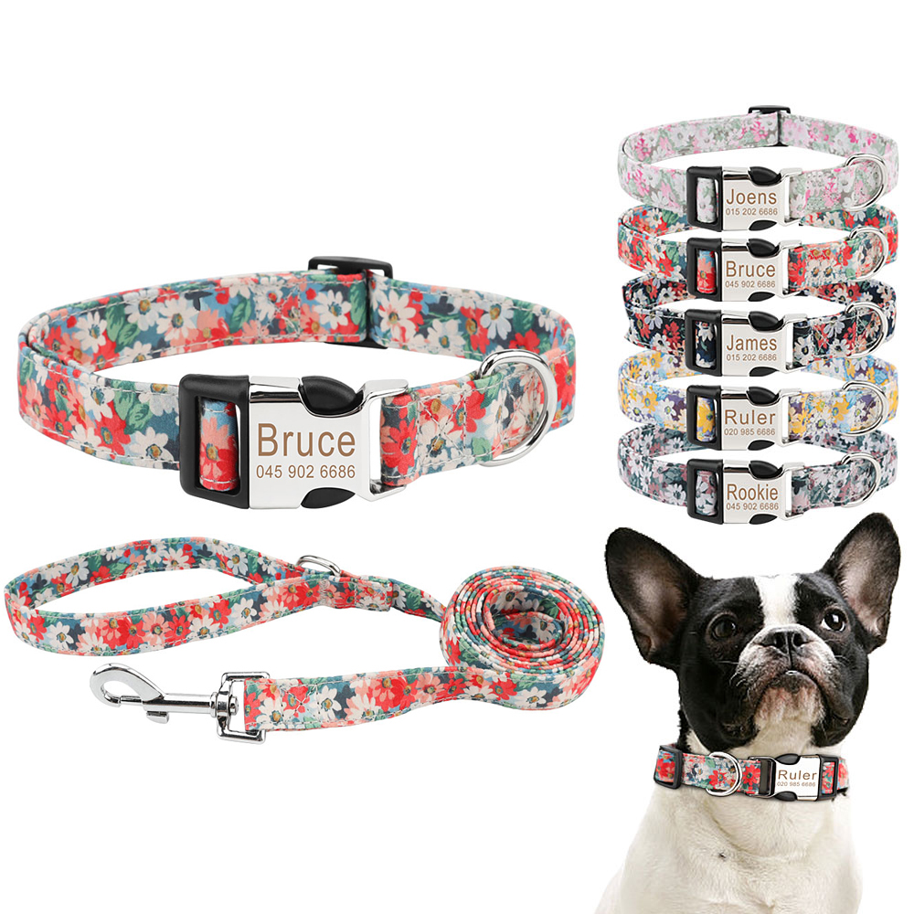 Dog Collar, Cute Floral Dog Collar with Engraved Nameplate ID Metal Buckle and Matching Leash for Small Medium Large Dog Cats