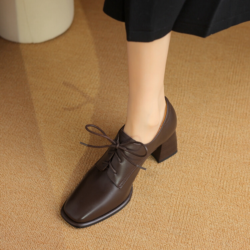 Genuine Spring/Autumn Leather for Square Toe Chunky Women Pumps Lace-up Black High Heel Shoes f005