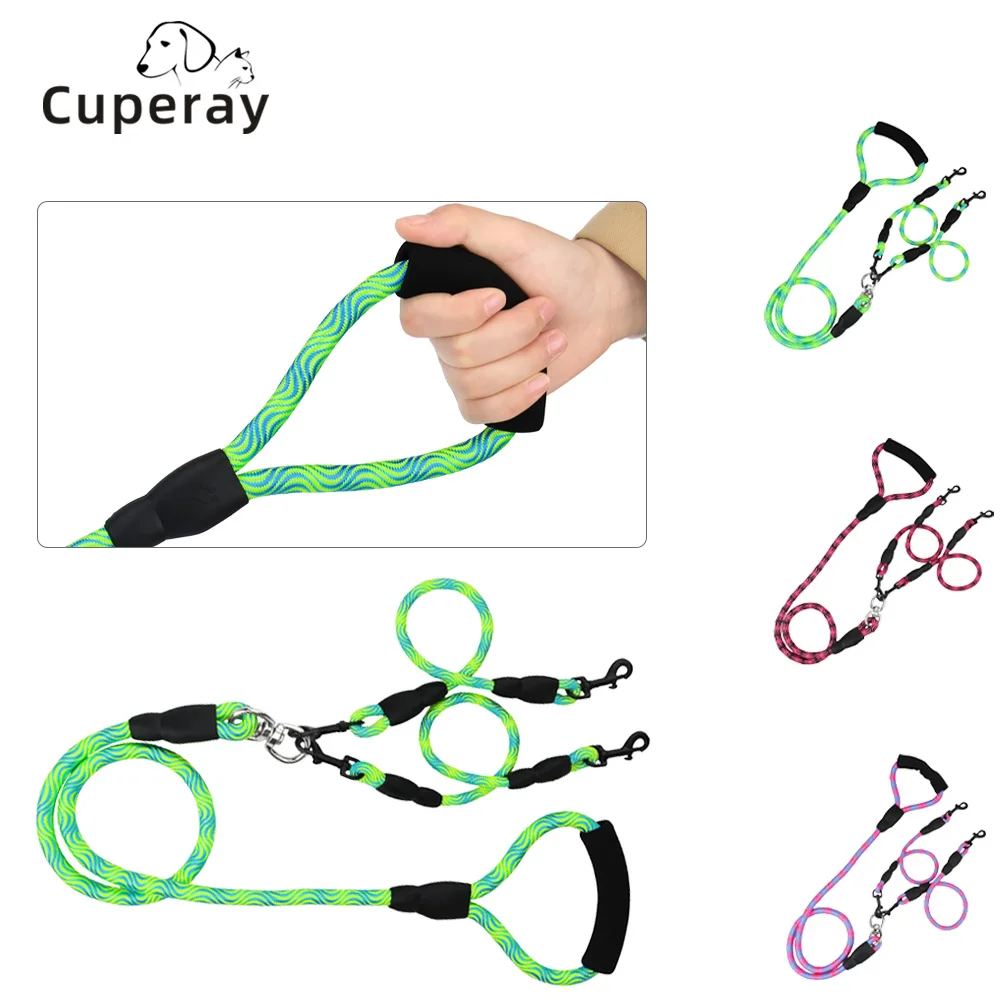 Pet Double-headed Dog Walking Rope Wave Pattern One Drag Two Traction Rope Anti-winding Detachable with Comfortable Foam Handle