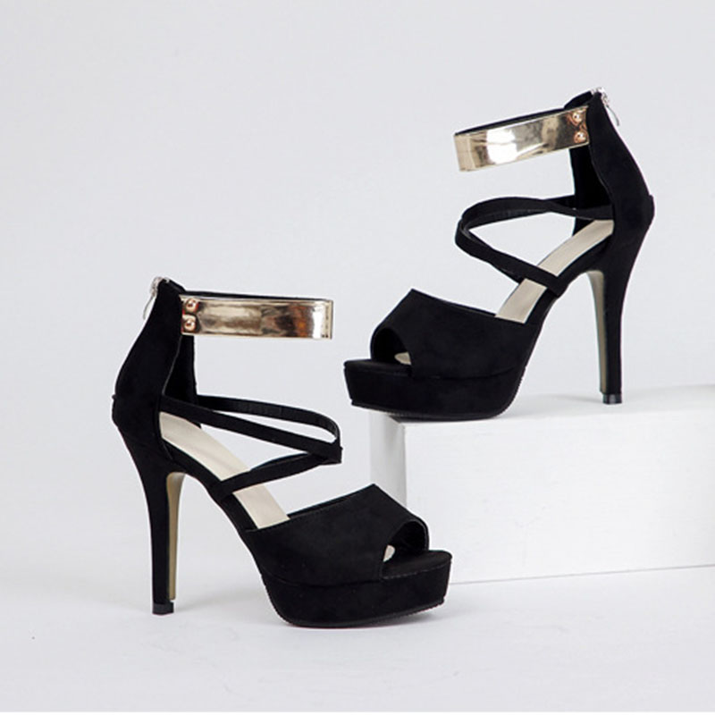 Style Summer Metal High Heels Women Sandals Fashion Peep Toe Cross Strap Female Footwear Suede Platform Dress Banquet Sandales c63a