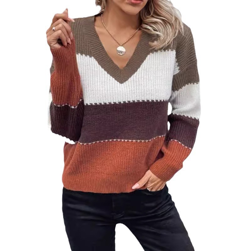 dongdumaoyi New Autumn/Winter V-neck Sweater Amazon Cross border Foreign Trade Women's Knitted Sweater Fashion Color blocked Loose and Versatile 