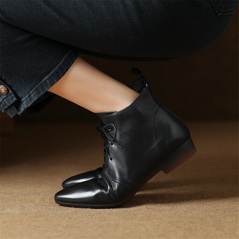 2023 New Autumn Genuine Leather Women Boots Round Toe Low Heel Ankle Boots for Women Winter Fashion Boots Lace-up Women Shoes