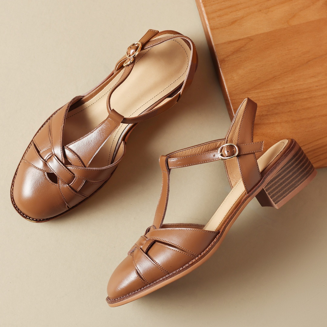 genuine Women's leather narrow band braided t-strap sandals 4cm thick med heel round toe New cage casual female summer shoes woman d152