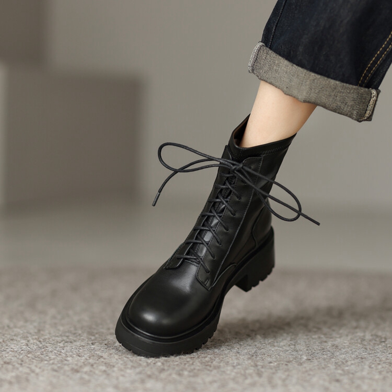 Fall NEW Shoes Stretch Fabric Split Leather Round Toe Chunky Heel for Platform Women Modern Boots 0c02 Platm