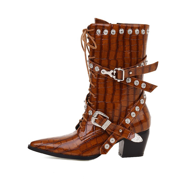 2022 Winter Rivet Veet ing Short Large 46 Vintage Knight Women's Ankle Boots 6cm Thick Heel Rock Club Female Shoes