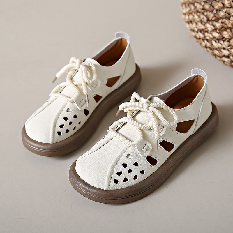 Leather Hollow Roman Sandals Women 2024 Summer Breathable Retro Single Shoe Thick Sole Sports Casual Women's Shoes .