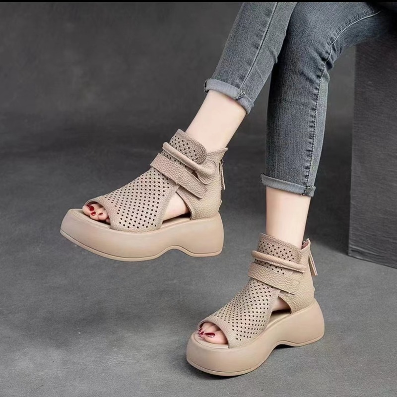 Summer New Hollow Breathable Hole Shoes Thick Sole Genuine Leather Fish Mouth Hook & Loop Retro Comfortable Women Sandals