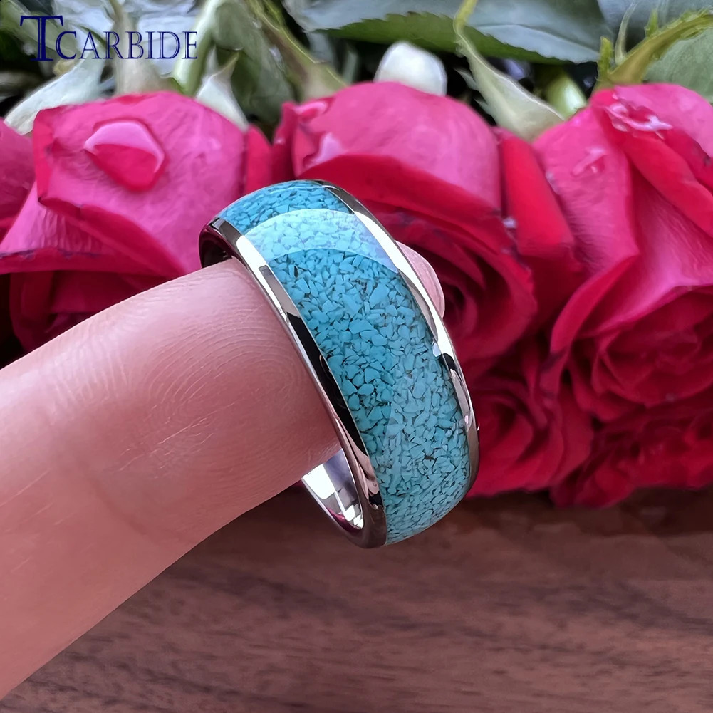 4MM 6MM 8MM multi-color turquoise ring mens womens beautiful tungsten engagement and wedding ring dome polished finish comfortable fit 240905