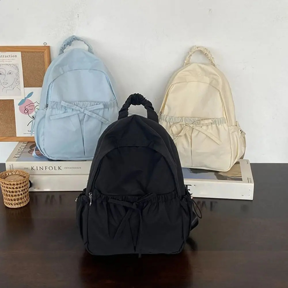 Casual handbag bow backpack solid color pleated nylon backpack large capacity Korean shoulder bag womens shoulder bag 240912