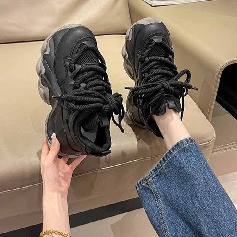 Women's Platform Sneakers Fashionable Color Block Casual Shoes for Women 2024 Spring Autumn New Black Lace Up Sport Tennis Shoes