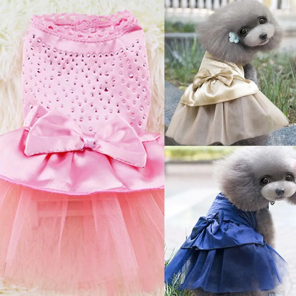 Practical Cute 3 Colors Dog Puppy Bow Dress Rhinestone Princess Dress Party Dog Dress Wedding Dress Pet Clothes