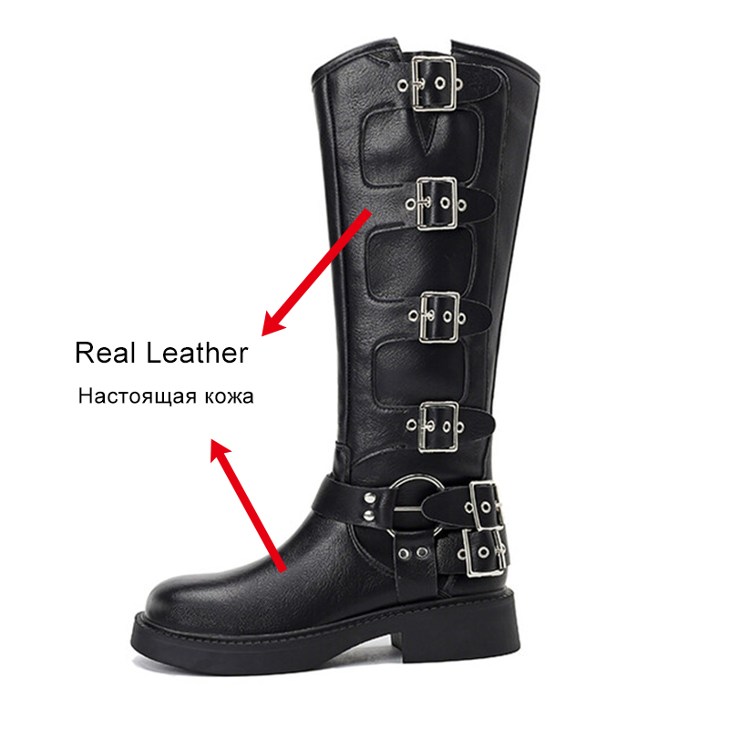 JOZHAMTA Size 34-40 New Women Knee-High Genuine Leather Metal Buckle Shoes Woman Casual Autumn Winter Motorcycle Boots