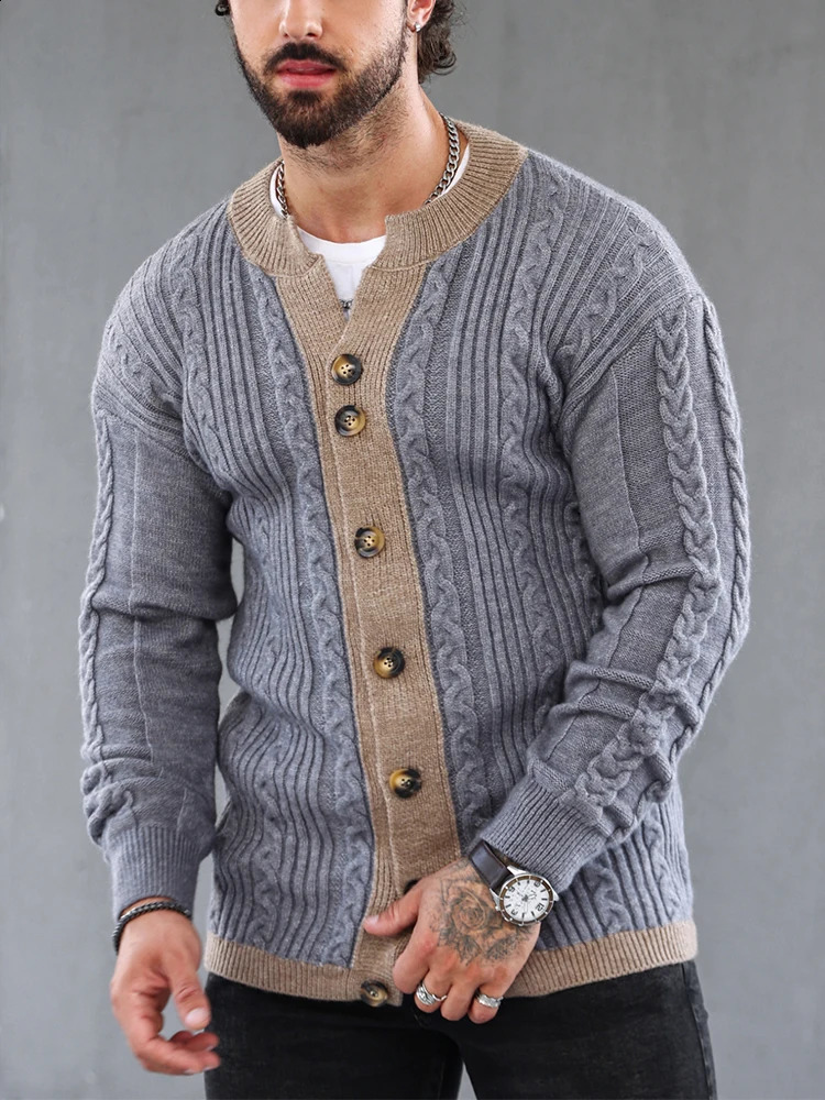 Retro patch work twisted jacquard knitted cardigan sweater mens classic Vneck button jacket casual 240906