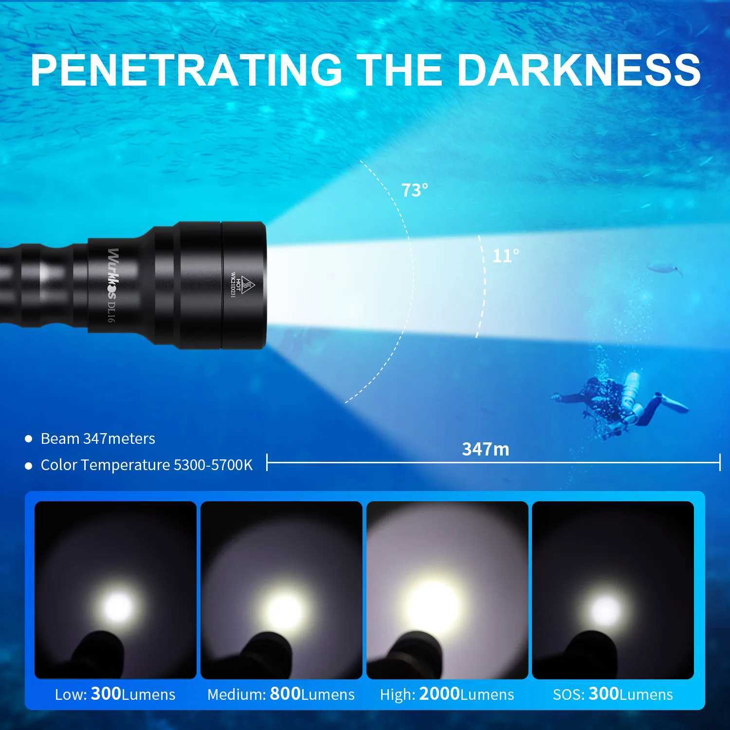 Wurkkos DL16 Powerful Professional Diving Flashlight IP68 Waterproof SST40 Max 2000 LM Scuba Diving LightW240903