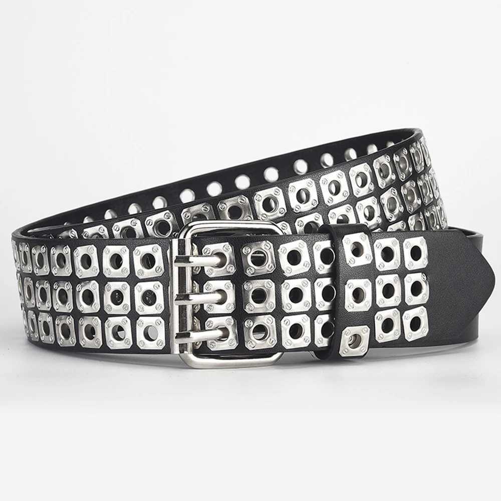 Retro Square Rivet Studded Waist Strap MenS Belt With Double Row Needle Buckle WomenS Belt Hip-Hop Rock Punk Y2k Style JeansX240914