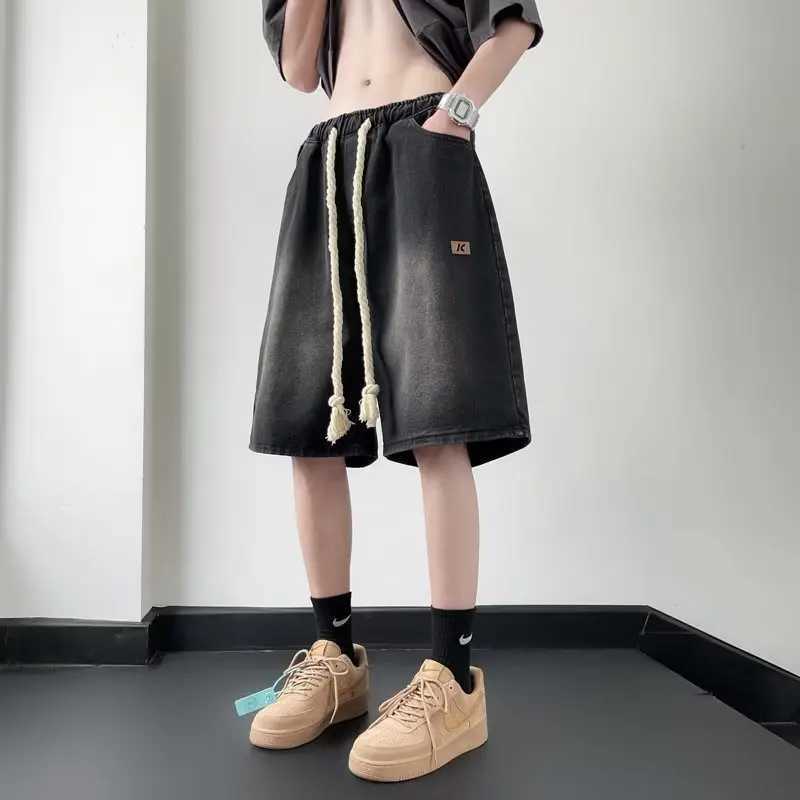 Mens Summer New Washed Denim Shorts Rope Elastic Waist Casual Loose Five Points Drawstring Jeans ShortsX240914