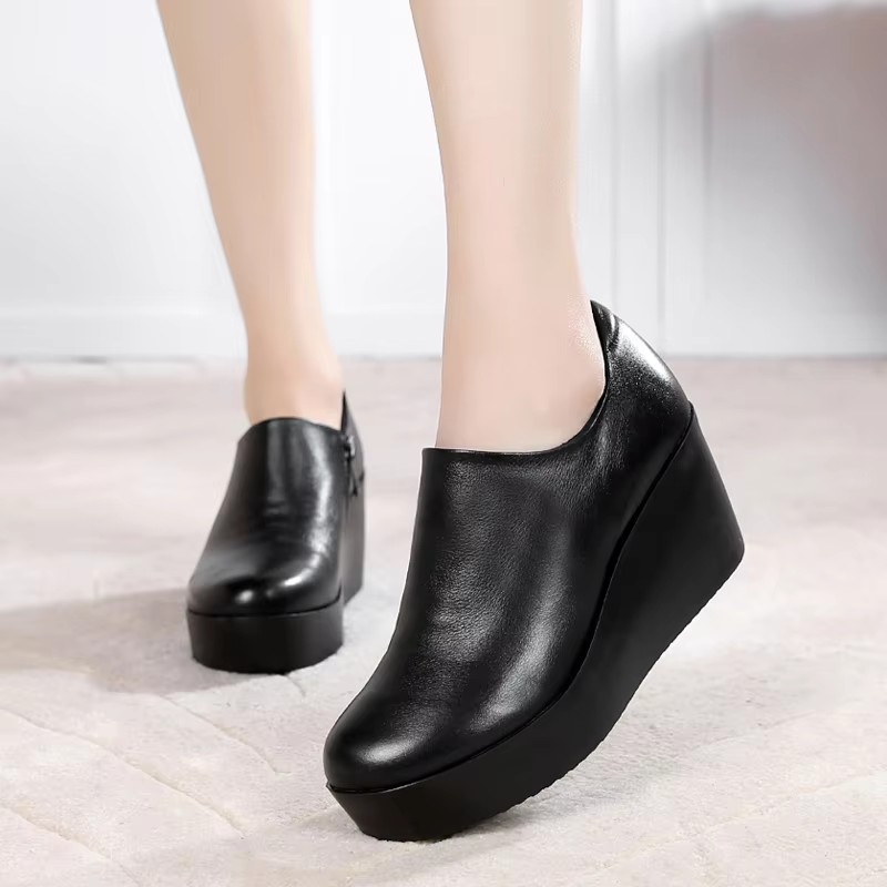 Genuine Leather Women Shoes Thick Soled Spring Autumn High-heeled Single Shoes Women New Platform Casual Slope Heel Shoes - view 5