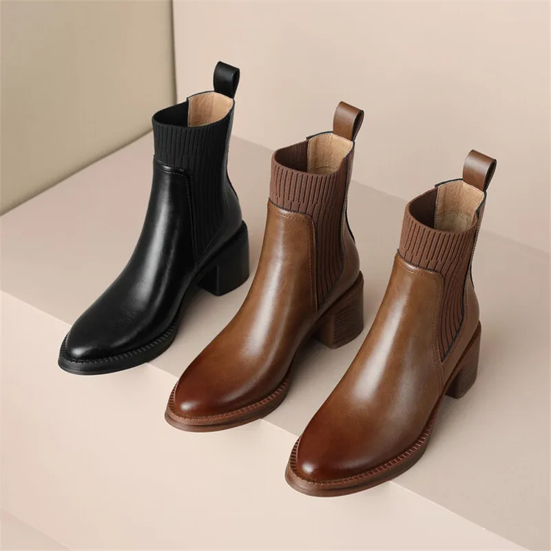 New Spring Autumn Split Leather Women Shoes Pointed Toe Short Boots for Women Chunky Heel High Heel Boots Versatile Ladies Shoes