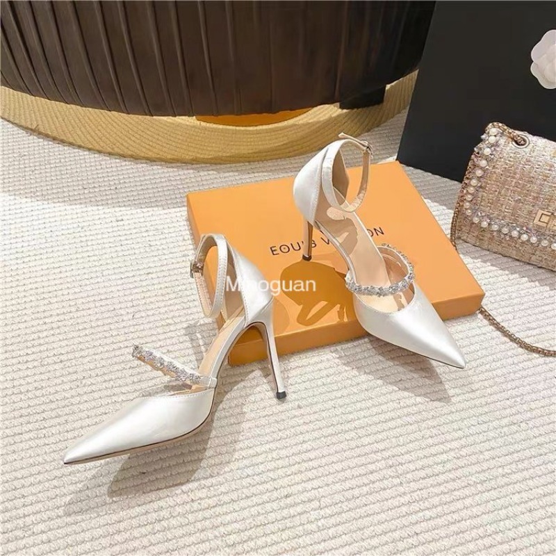 Diamond Pointed High Heel Shoes 2023 New White Wedding Shoes Bridal Celebrity Thin Heel Shallow Buckle Single Shoes Black Sandal