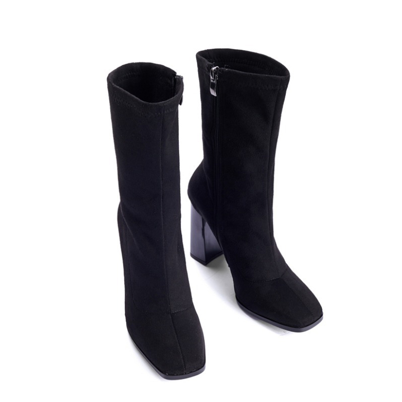 Autumn and winter square toe thick heel short boots women's shoes British high-heeled mid-tube boots women's boots